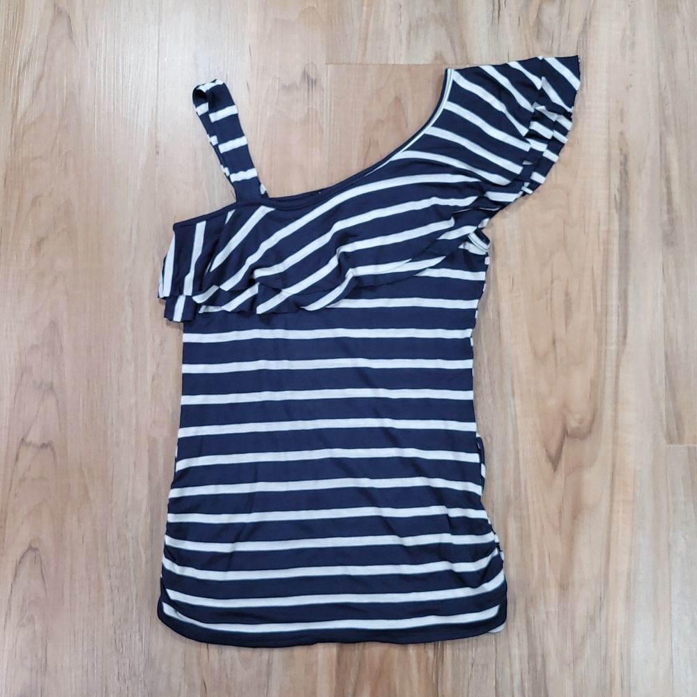 🔺️Annabelle Blue & White Striped Ruffle One Shoulder Sleeveless Top Small